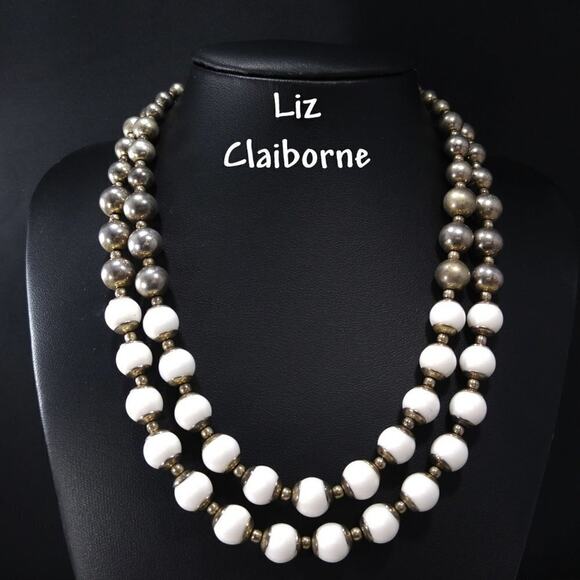 Vintage Liz Claiborne White Lucite Beaded Necklace, Silver Tone, 19 In - Picture 2 of 10